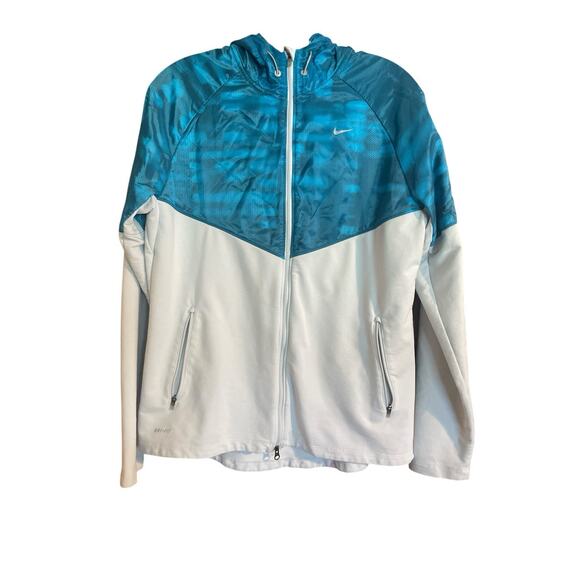Nike Running Jacket Windbreaker Women’s L Dri-Fit Blue White Lightweight Zip Up - Picture 3 of 5